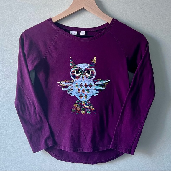 🦋 5/$25 BUNDLE • GAP Kids Reversible Sequined Owl Girls Long Sleeve - Picture 1 of 6
